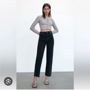 Zara Black Highrise Cropped Raw Hem Straight Leg Jeans Cotton